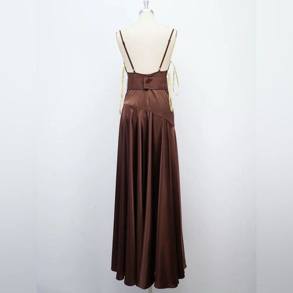 NEW BRINX AND BANCO Leo ChocolateBrown Silk-Blend Maxi Dress, size S - Picture 5 of 12